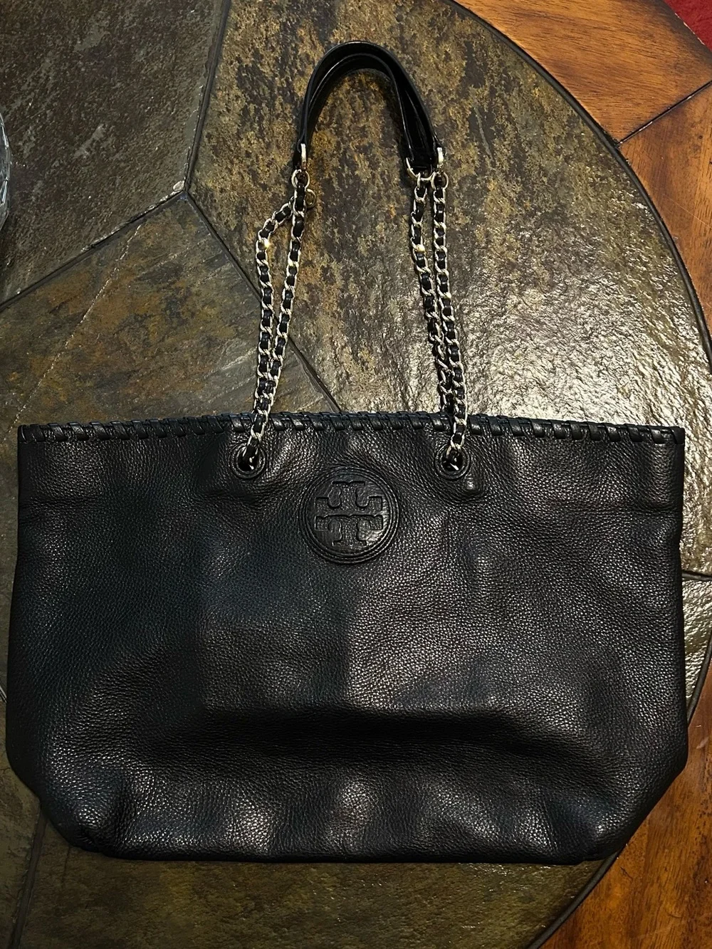 Tory Burch Black Pebbled Leather Chain-Handle Tote